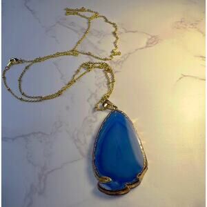 Gen. Dyed Agate Slab Pendant w/ 30” 14k GP Gold Plated Rope Chain / Indigo